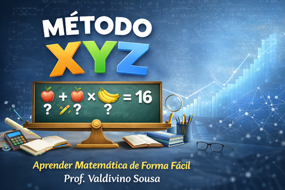 Método XYZ do Prof. Valdivino Sousa – Aprenda Matemática de Forma Fácil com Objetos Ilustrativos Banner profissional do Método XYZ com quadro mostrando equação com frutas, elementos educacionais e a frase “Aprender Matemática de Forma Fácil – Prof. Valdivino Sousa”.