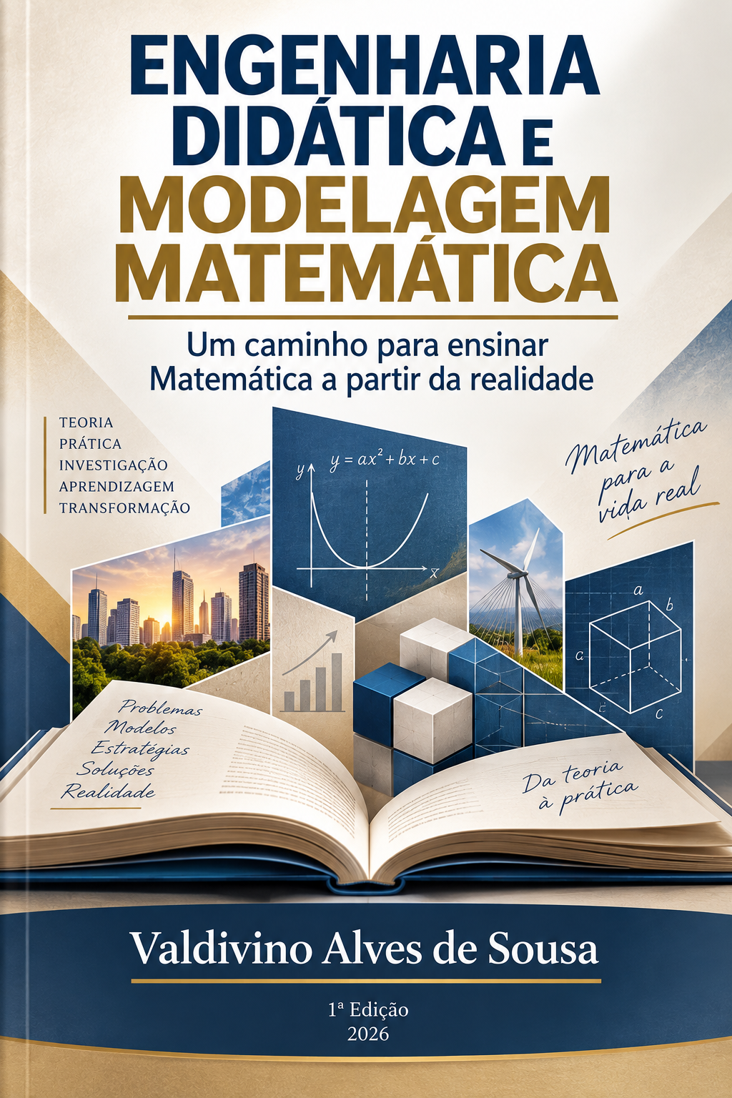 Capa do livro “Engenharia Didática e Modelagem Matemática – Um caminho para ensinar Matemática a partir da realidade”, de Valdivino Alves de Sousa. A capa apresenta elementos visuais relacionados à Matemática, educação, tecnologia e situações da realidade, em composição nas cores azul-marinho, dourado e creme. A obra propõe aproximar o ensino da Matemática do cotidiano dos estudantes por meio da Engenharia Didática e da Modelagem Matemática.