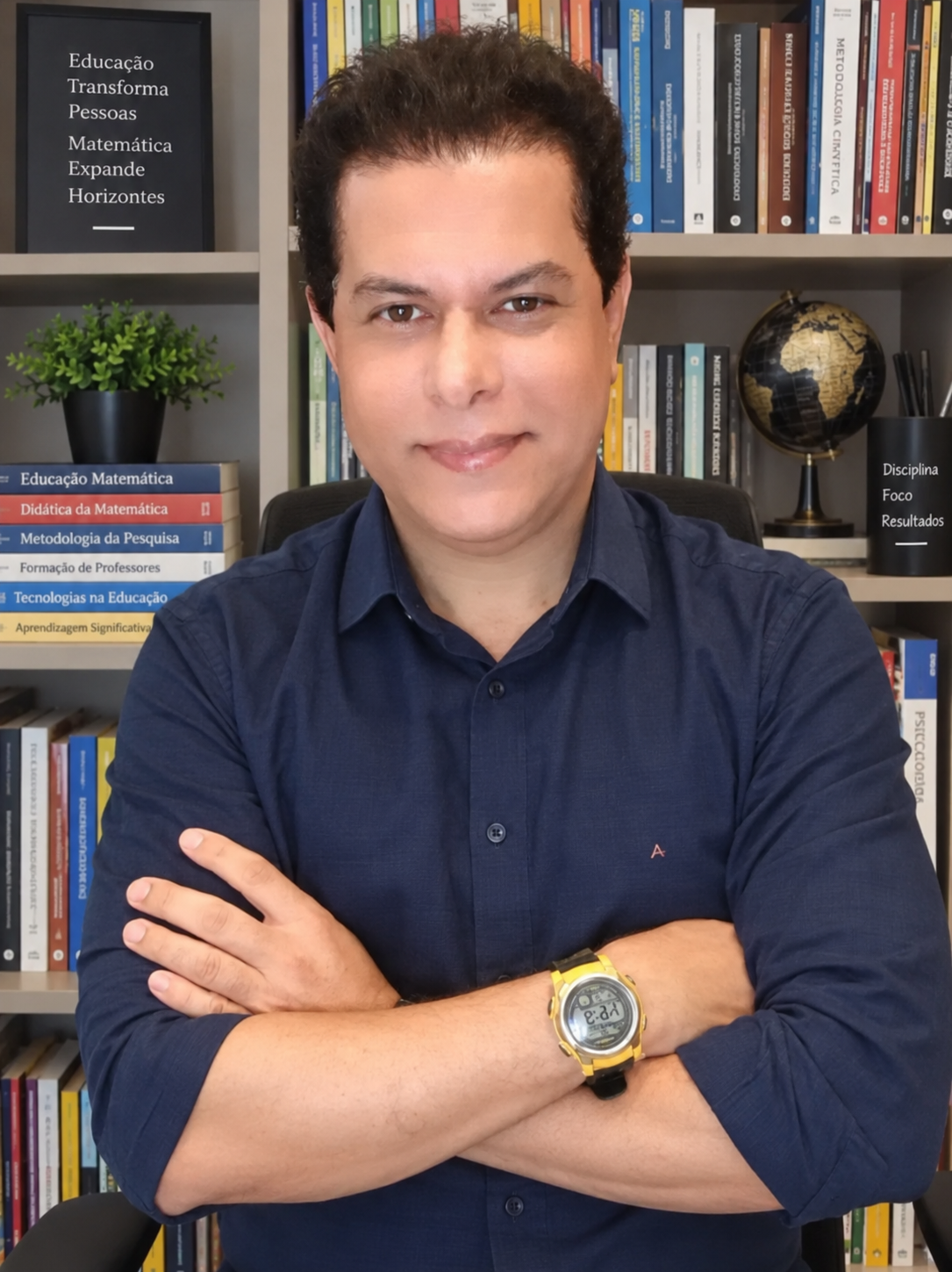 Valdivino Sousa, professor e pesquisador em Educação Matemática, em frente a uma estante de livros